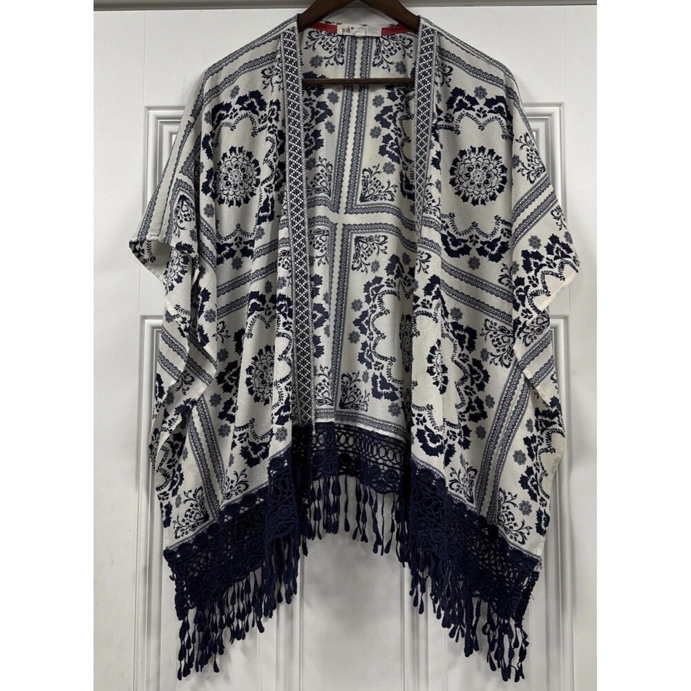 Jolt Women’s L Navy White Geometric Print Fringe Kimono Open Front Boho